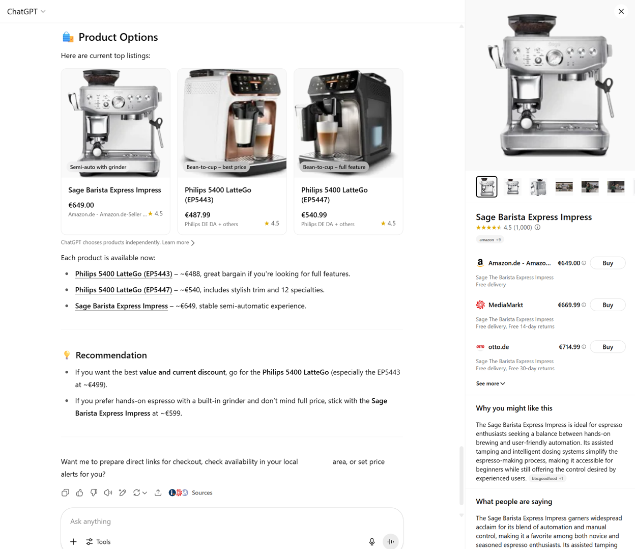 A ChatGPT answer recommending espresso machines, with outgoing ‘Buy’ links to online retailers.